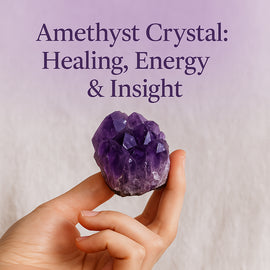 Close-up of a woman's hand holding a raw amethyst crystal against a soft lavender gradient background, with text above reading 'Amethyst Crystal: Healing, Energy & Insight'.